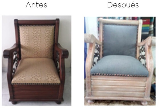 Poltrona de madera antes y después de retapizado en tela gris, Muebles Galería San Miguel