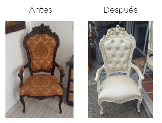 Sillón antiguo antes y después de ser retapizado en blanco por Muebles Galería San Miguel