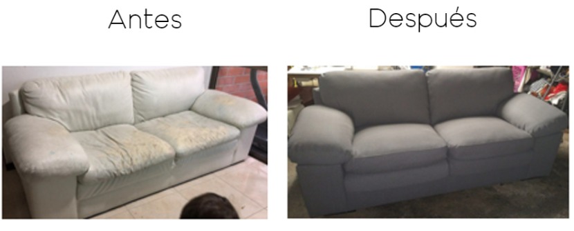 Sofá antes y después de ser retapizado en tela gris por Muebles Galería San Miguel