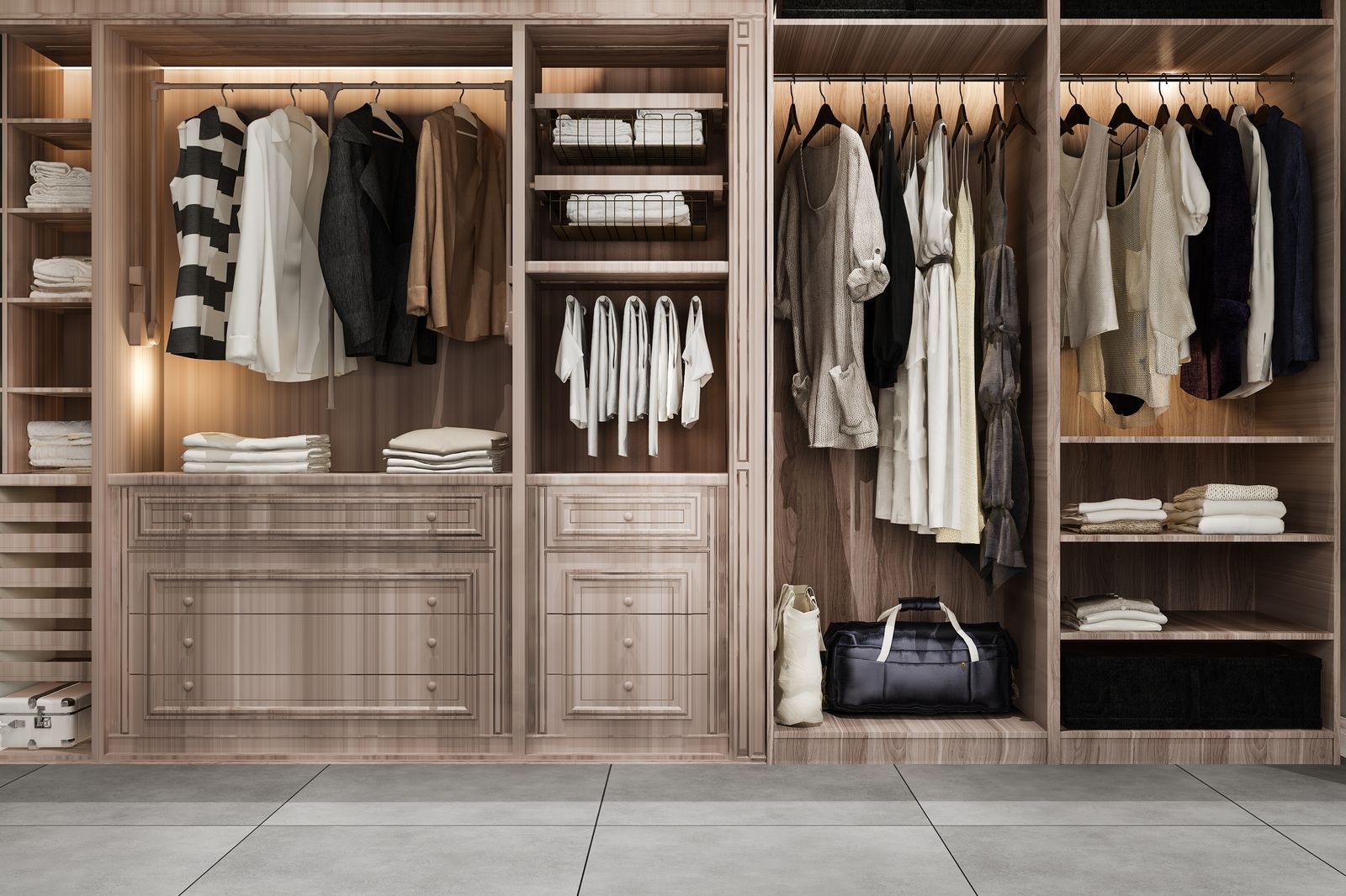 Walk-in closet a medida de Muebles Lasch con cajoneras, colgadores y repisas organizadas