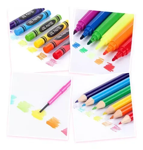 Pasteles al óleo, marcadores y lápices de colores con trazos de pintura sobre papel