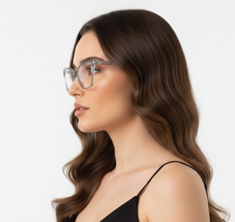 Mulher de perfil usando óculos de grau transparente, foto de estúdio com fundo claro