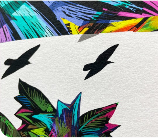 Muestra de impresión artística a color sobre papel texturizado en Reprografía BV
