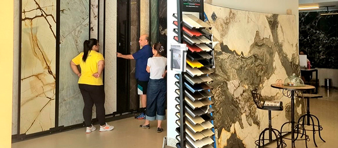 Showroom da Sardep Marmoraria com clientes conhecendo chapas de mármore e granito