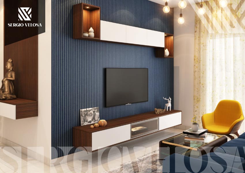 Mueble de TV a la medida en tonos azules con repisas en madera y luces colgantes