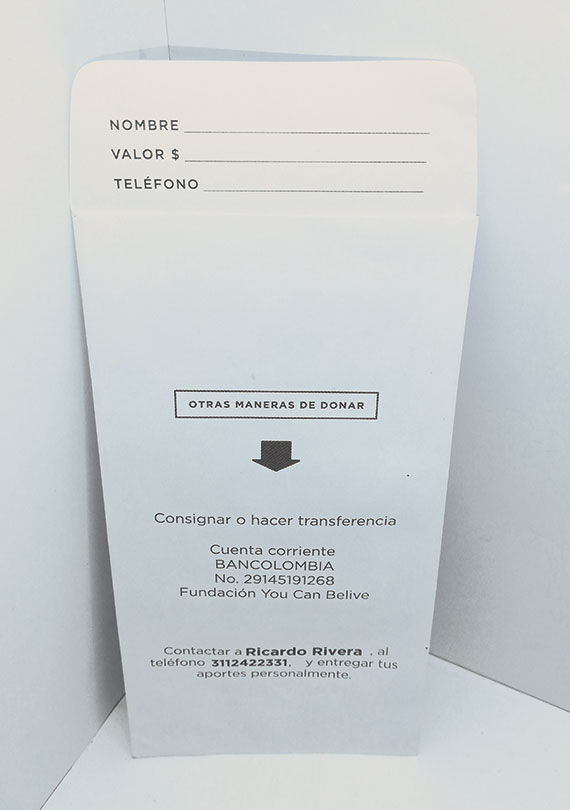 Sobre impreso con campos de formulario para donaciones, producido por Unión Impresores